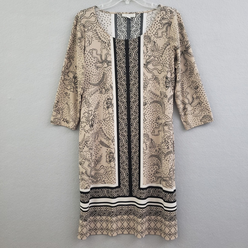 Dana Buchman Womens Medium Shift Dress Tan Black Geometric Floral‎ 3/4 Sleeve